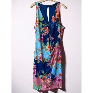 GUESS Women's V-Neck Sleeveless Bodycon Dress Blue Coral Multi Floral Size 14
